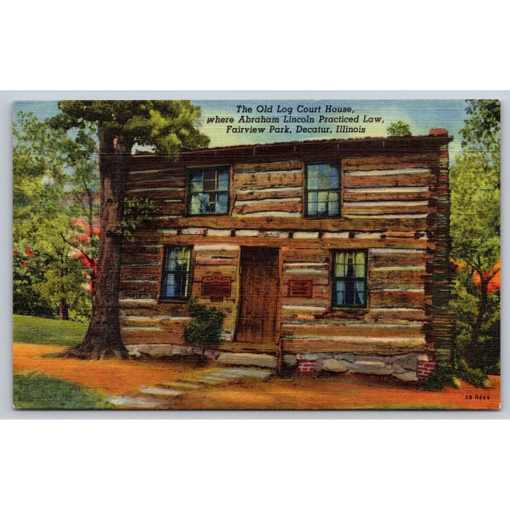 Vintage 1943 Linen Postcard Old Log Court House Decatur IL Abraham Lincoln